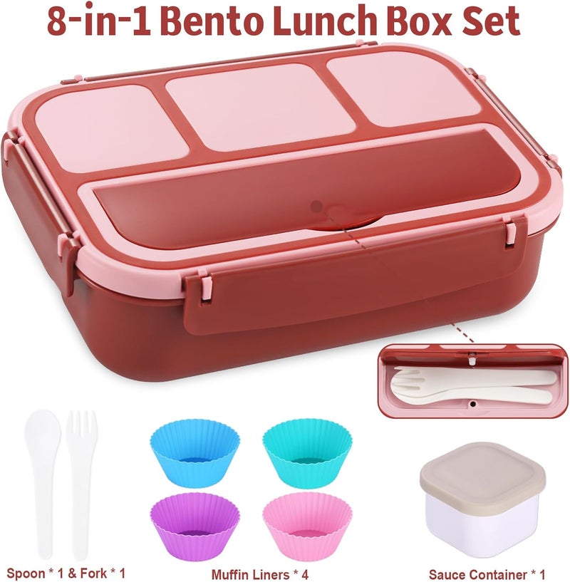 shell and turtle Bento Box Adult Lunch Box, Lunch Containers for Kids Girls Boys with 4 Compartments, Lunchable Food Container with Utensils, Sauce Jar, Muffin Liners, 40 Oz/5 Cup, Retro Red - Image 5